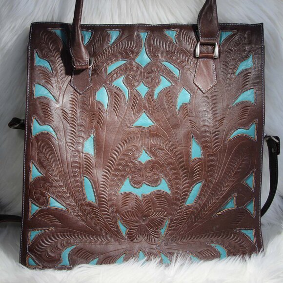 JL Saldivar Cutout Tooled Leather Large Purse Tote Bag, Dark Brown & Turquoise - Picture 16 of 16